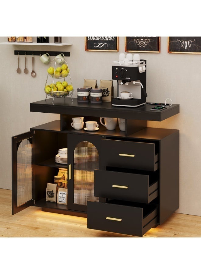 Eleva Home Sideboard Buffet Cabinet with Storage, 3 Drawers, 2 Doors, Auto-Sensor 20 Color Lights Console Table with Charging Station, Touch Control Console Coffee Bar Table for Kitchen, Dinning (Black) - Image 4